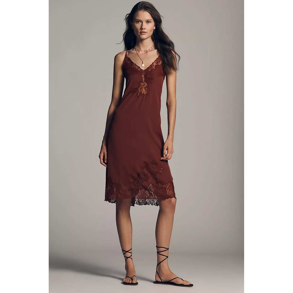 Anthropologie LyreBird Silky Lace Trim MIDI Slip Dress XXS Madder Brown NWT